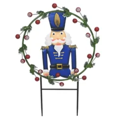 Direct International Christmas Soldier In Wreath - One Stake 29.0 Inches - Berries Yard Decor - 31824033 - Metal - Blue