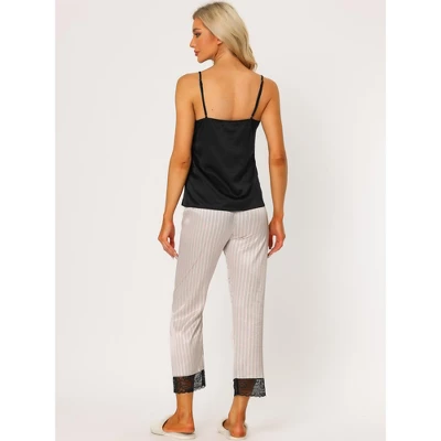 Cheibear Womens Satin Lounge Stripe Lace Trim Cami Tops With Pants Sleepwear Pajamas Sets 4 Cheibear Womens Satin Lounge Stripe Lace Trim Cami Tops With Pants Sleepwear Pajamas Sets - Image 2