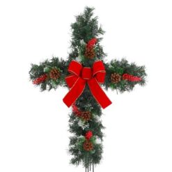 GIL 24-in Greenery Cross With Red Berry Sprays And Red Bow Yard Stake