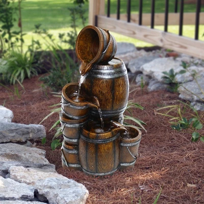 24" Indoor/Outdoor Tiered Barrels And Buckets Fountain Brown - Alpine Corporation 3 24" Indoor/Outdoor Tiered Barrels And Buckets Fountain Brown - Alpine Corporation